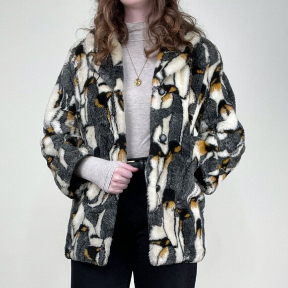 Vintage Novelty Print Penguin Pea Coat Faux Fur Teddy Jacket Oversized Peacoat - Picture 1 of 11